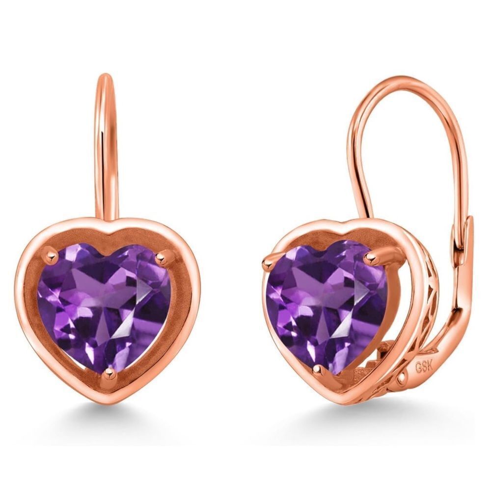 18K Rose Gold 925 with 1.80 Cttw 7MM Amethyst Heart Leverback Drop Earrings